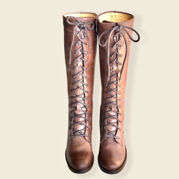 Frye Melissa Tall Classic Brown Leather Lace Up Knee High Equestrian Riding Boot - Picture 10 of 14